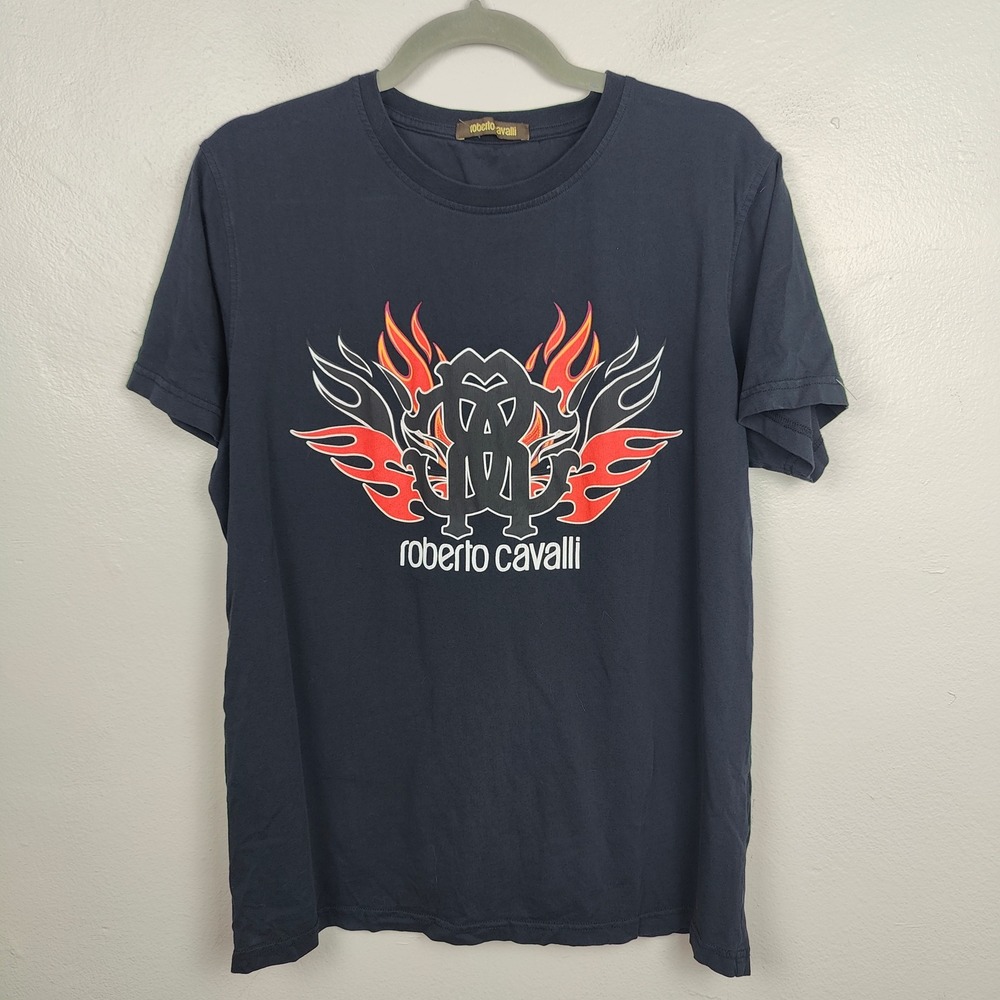 Roberto Cavalli Graphic T-Shirt‎ Mens Large Flame Logo Cotton Black Designer Y2K